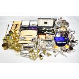 A collection of assorted silver plate and metalware including various cased flatware sets, posy