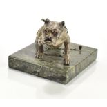 A silvered bronze model of a Staffordshire bull terrier raised on marble plinth base, unsigned,