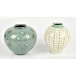 WADE; an ovoid vase with stylised detail, height 22.5cm and a modern Oriental celadon glazed