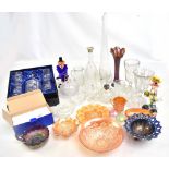 A quantity of assorted glassware including Glasform mushrooms with iridescent tops, height of