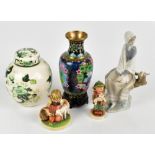 LLADRO; a figurine of a seated girl beside a bird, height 24cm, Masons ginger jar and cover,