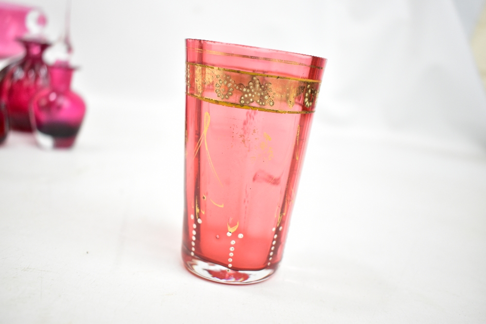 A small group of cranberry glass including vase, lidded scent bottles, bowls etc, two with gilt - Image 3 of 3