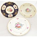 Two 19th Derby hand painted plates each with relief decoration to borders, outside central floral