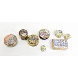 STAFFORDSHIRE ENAMELS; four enamelled pill boxes and covers including The Wondrous Architecture of