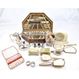 A mixed lot of assorted silver plate metalware including an oak cased canteen of cutlery, silver