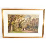 J E BUCKLEY; a watercolour depicting Elizabethan figures in court yard scene, signed and dated