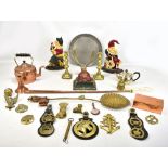 A quantity of assorted metalware to include a large collection of horse brasses, a pair of