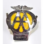A chrome AA car badge, circa 1957-59, no.5A93117, 11 x 9.5cm.Additional InformationGeneral wear