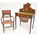 An Edwardian lady's rosewood and inlaid writing desk/work table, the upper section with central door