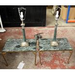 A pair of modern brass framed rectangular coffee tables with inset green marble tops, height 41cm,