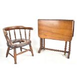 A Victorian mahogany drop leaf Sutherland table, height 52cm, length 51cm, a late 19th elm seated