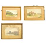 JAMES T WATTS; watercolour, Continental harbour scene, 19 x 30.5cm, and two rural cottage scenes