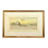 W G BECKER; watercolour, 'Arabian Ruins', Orientalist figural landscape, 18 x 41cm, framed and