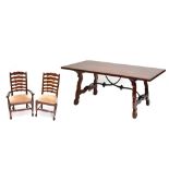 A Spanish style plank top refectory table with wrought iron stretcher, 76 x 183 x 92cm, and a set of