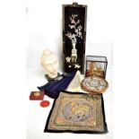 A collection of 20th century Oriental items including a camphor box, six Chinese white metal