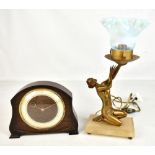 An Art Deco bronzed figural table lamp with associated Vaseline glass shade, on stepped