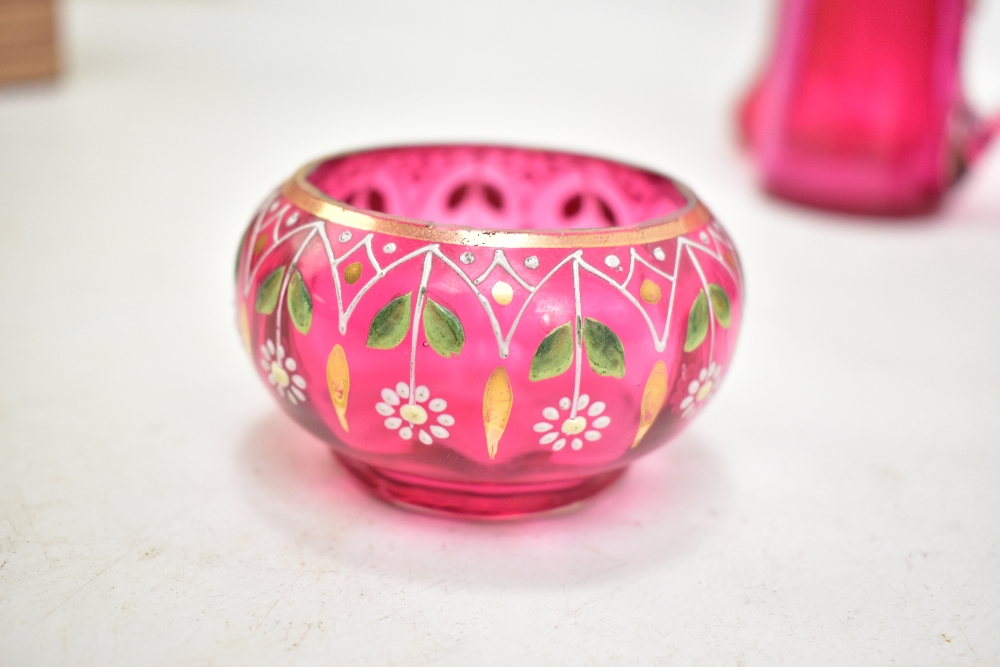 A small group of cranberry glass including vase, lidded scent bottles, bowls etc, two with gilt - Image 2 of 3