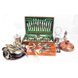 An oak cased canteen of silver plated cutlery, and further silver plate and metalware items.