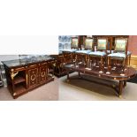 A reproduction French Empire style dining suite, comprising a fixed extended D end dining table,