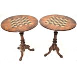 A pair of Victorian walnut and burr walnut dropleaf occasional tables with inlaid chessboards on