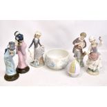 LLADRÓ; a collection of five figurines to include geisha girls, height of largest 30cm, together