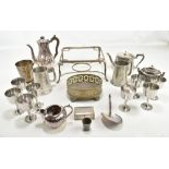 A mixed group of silver plated items including teapot, mug etc, also further stainless steel and