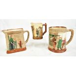 ROYAL DOULTON; three Dickens ware jugs, the two larger featuring scenes from Oliver Twist and the