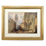 UNATTRIBUTED; watercolour, figural street scene, with Rouen Cathedral, unsigned, 26.5 x 36.5cm,
