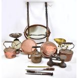 A quantity of assorted metalware to include household scales, copper kettles, warming pans, a