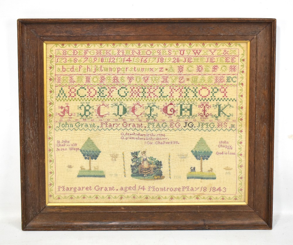 A 19th century alphabet sampler by Mary Grant aged 14 Montrose, dated May 18th 1843, 32 x 38cm,