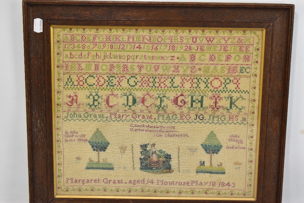 A 19th century alphabet sampler by Mary Grant aged 14 Montrose, dated May 18th 1843, 32 x 38cm, - Image 2 of 3