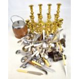 A mixed lot of assorted metalware including an Indian white metal inkwell, assorted brass