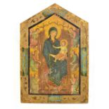 An early to mid 20th century icon print of Madonna and child inside gilt scrolling border, 34 x 23.