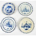 Four 18th century Delft plates and bowls, one with café-au-lait rim, probably Liverpool, diameter