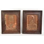 A pair of rectangular beaten copper plaques depicting King George V and Queen Mary, no visible