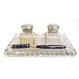 WYVERN; a marbled 'Perfect' fountain pen no81 with 14ct nib and a moulded clear glass inkstand.