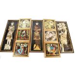 MAW & CO; nine reproduction majolica-type tube line decorated tiles comprising three larger