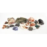 A collection of geodes and minerals including jamesonite, quartz & pyrite crystals, banded