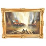JOHN BAMPFIELD (born 1948); oil on canvas, military scene, signed lower right, framed, 50 x 76cm. (