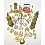A collection of 19th century and later metalware to include The Protector miners' lamp, assorted