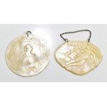 Two 19th century mother of pearl pendants including a circular example with portrait bust,