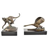 Two modern bronzed metal animals, including a leopard, both with impressed signature SJ to