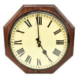 A mid 20th century ex-Post Office octagonal mahogany cased double sided wall clock, the circular