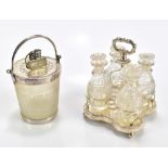 A 19th century silver plated condiment set with four cut glass bottles, height 16cm, with a