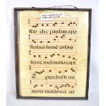 An early 17th century double sided vellum page of antiphonal choral script, framed and glazed, 50