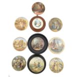 F. R. PRATT; a collection of ten Pratt ware pot lids, to include Pegwell Bay, Uncle Toby, Guitar