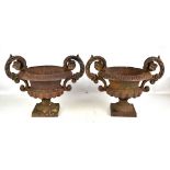A pair of Victorian cast iron garden urns with floral and leaf decorated high pierced loop handles
