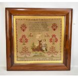 A 19th century religious pictorial sampler by Ruth Rowlinson, dated 1848, set in rosewood frame,