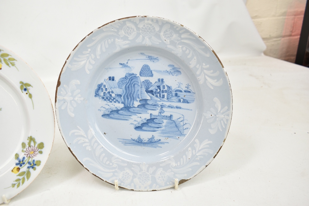 Three 18th century Bristol Delft plates, two with floral decoration and one with chinoiserie-type - Image 2 of 5