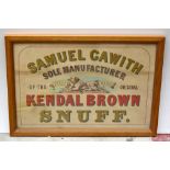 An original pictorial advertising card sign 'Samuel Gawith Kendal Brown Snuff', 40 x 60cm, framed